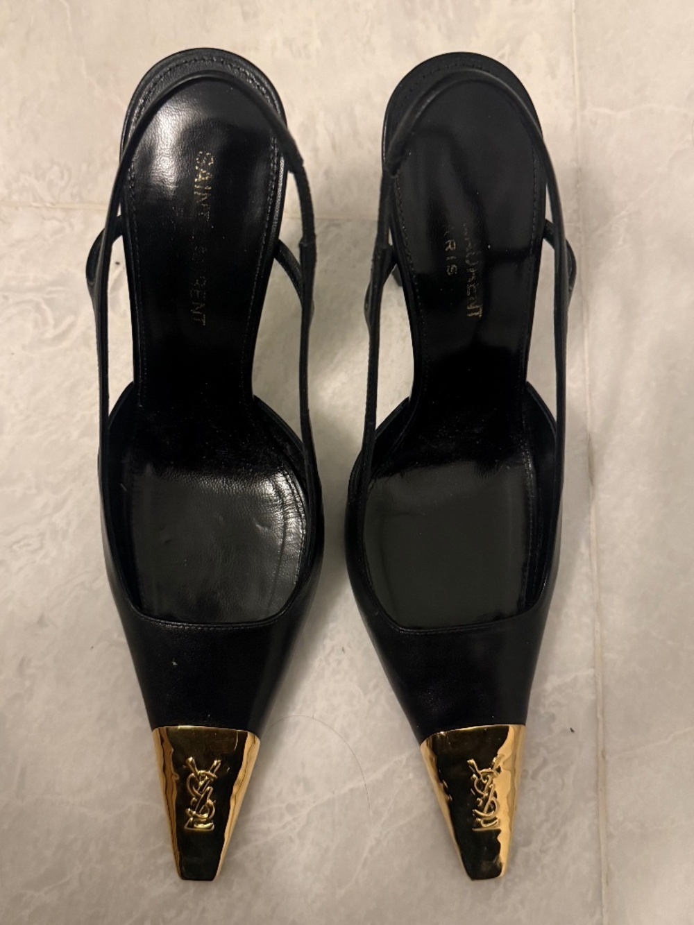 SAINT LAURENT Jeanne Cassandre-embellished glossed-leather slingback pumps